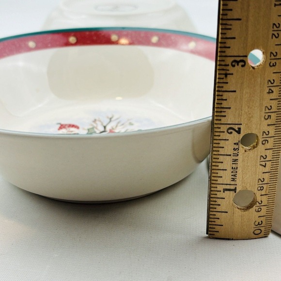 Royal Seasons Snowmen 4 Soup‎ Bowl Lot 6.75" Cereal Red Band Dots Green Trim - Picture 6 of 6